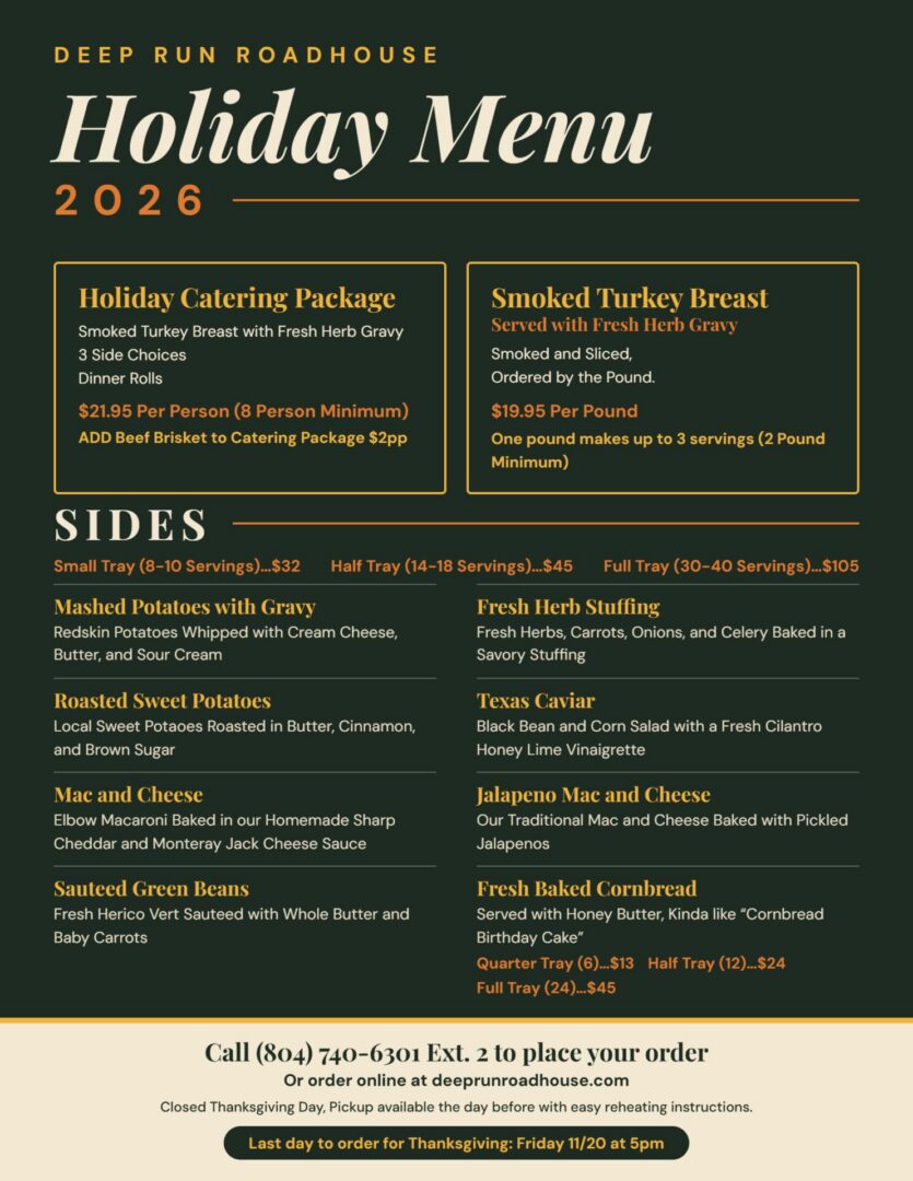 Deep Run Roadhouse Holiday Thanksgiving Catering Menu